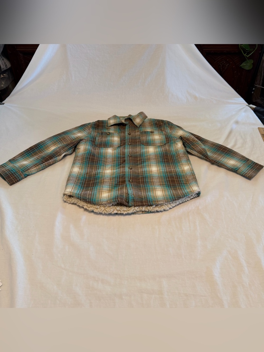 Crazy 8 Kids Plaid Sherpa-Lined Shirt Jacket - Teal & Brown Size S 5/6
